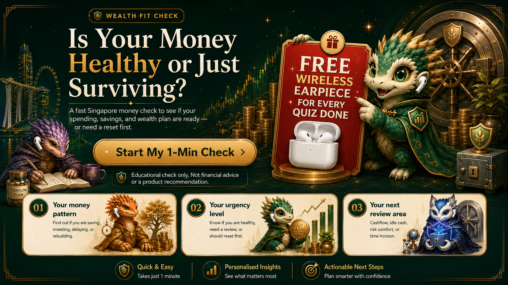 Wealth Fit Check landing poster. Tap anywhere to start the 1-minute money check.